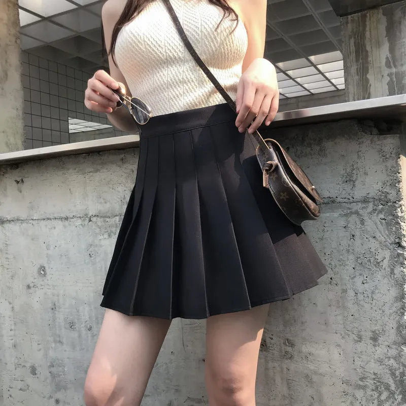 Pleated Black White High Waist A-Line College Skorts Skirt