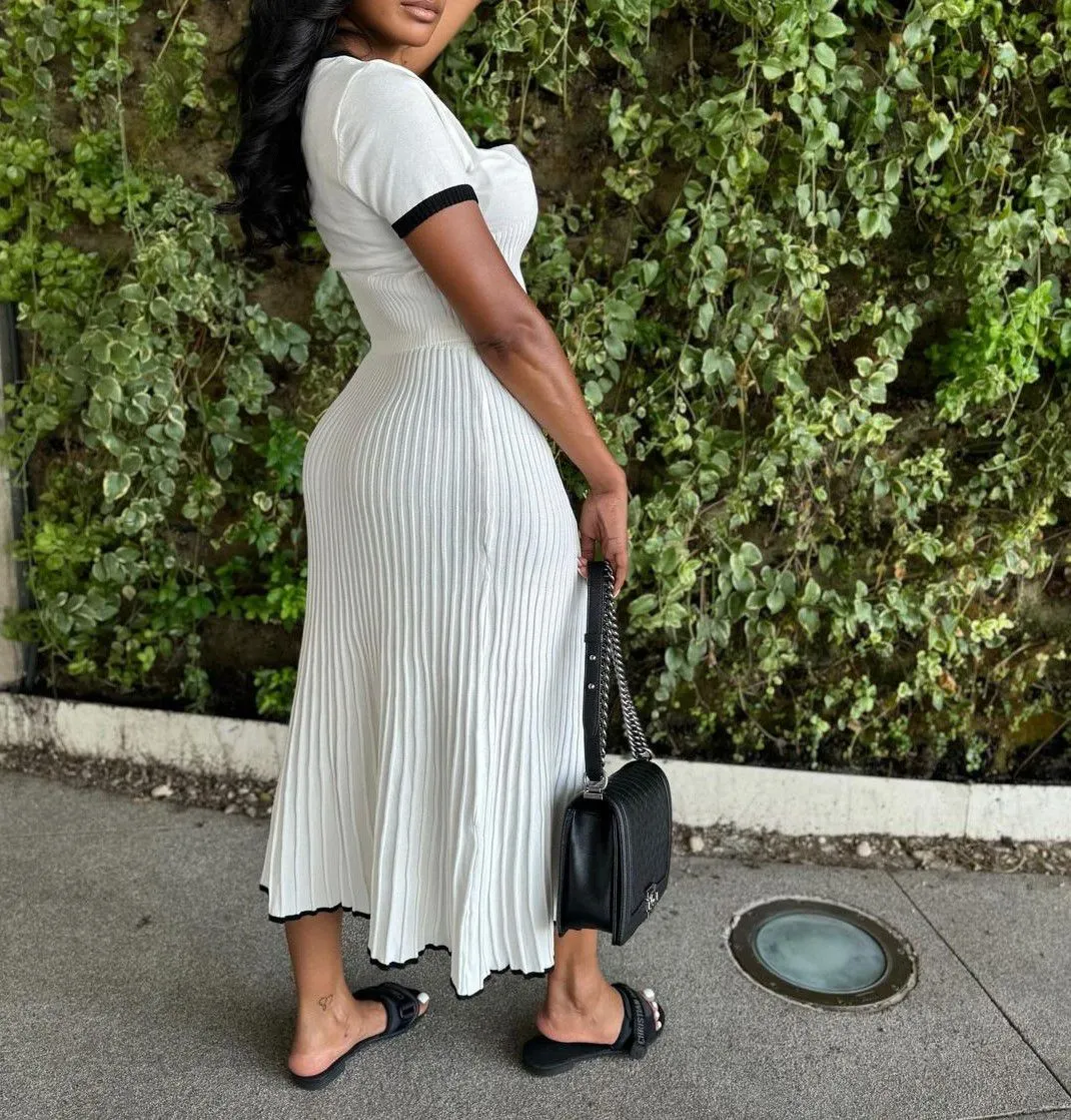 Pleated Contrast Trim Rib Knit Crop Top And Midi Skirt Set