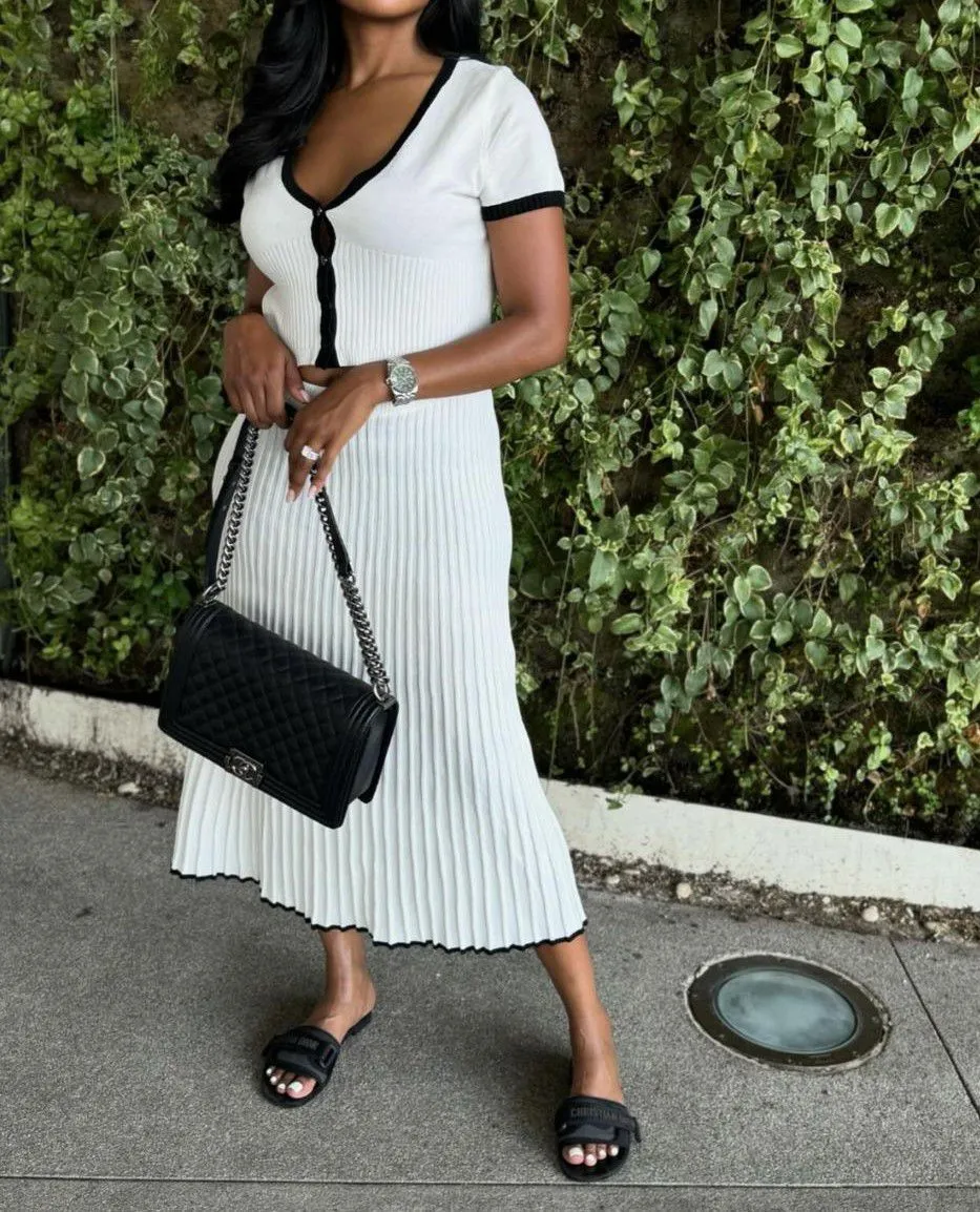 Pleated Contrast Trim Rib Knit Crop Top And Midi Skirt Set