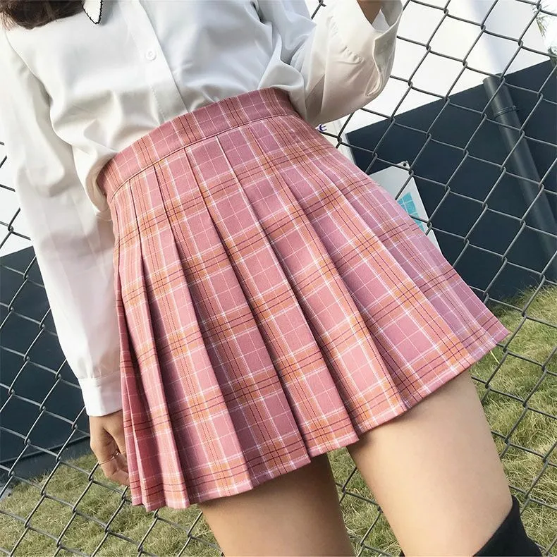 Pleated Women Student Chequered Summer Korean High Waist Black A-Line Skirt