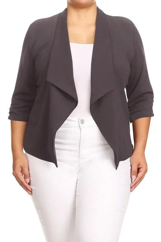 Plus Size Solid Waist Length Jacket Open Front 17 Colors