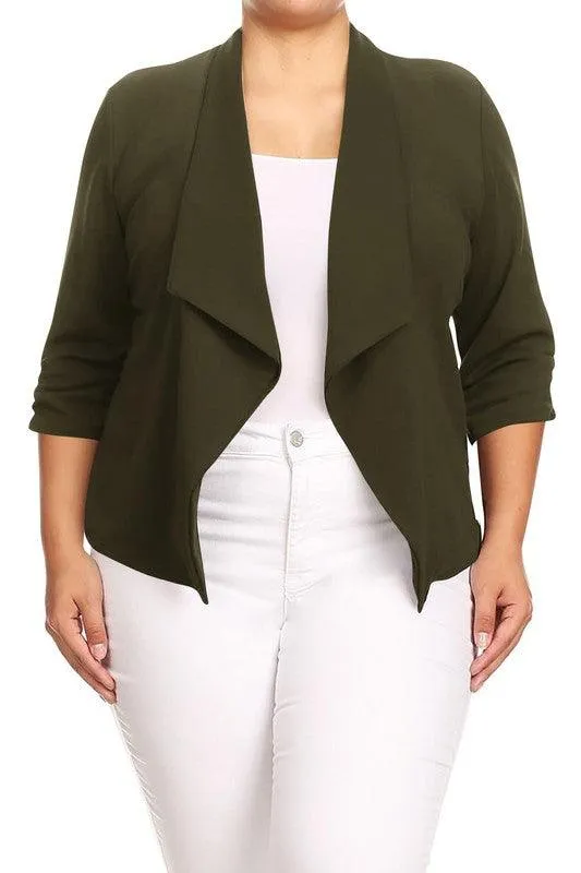 Plus Size Solid Waist Length Jacket Open Front 17 Colors