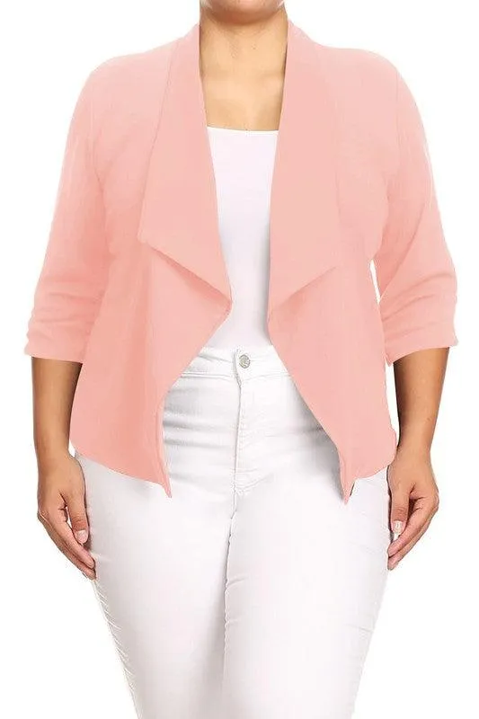 Plus Size Solid Waist Length Jacket Open Front 17 Colors