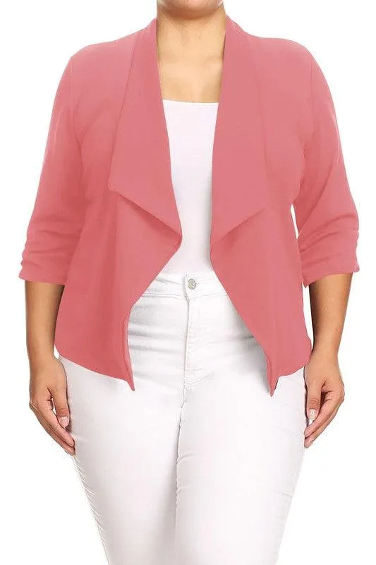 Plus Size Solid Waist Length Jacket Open Front 17 Colors