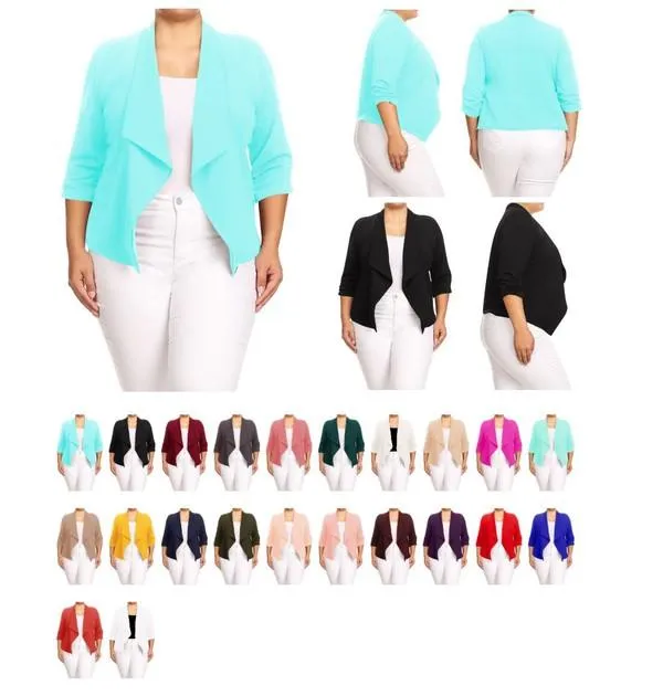 Plus Size Solid Waist Length Jacket Open Front 17 Colors