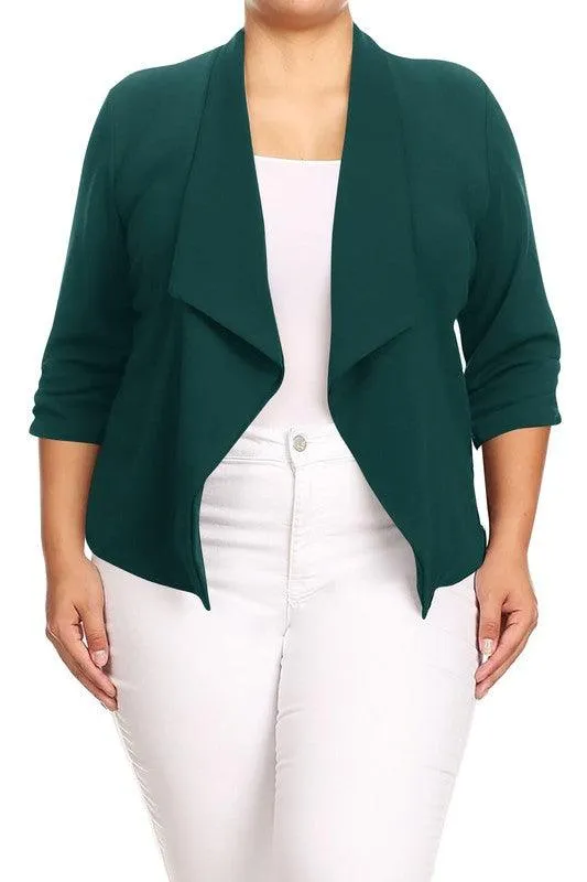 Plus Size Solid Waist Length Jacket Open Front 17 Colors