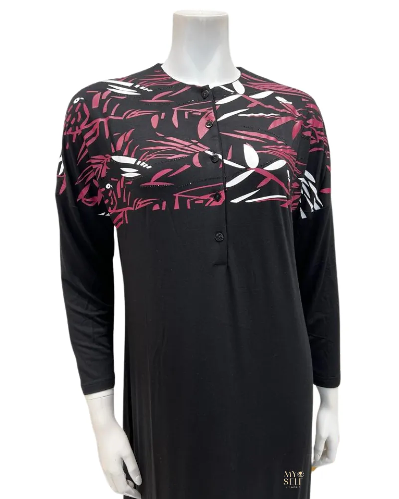 Plush PM Black/Multi Pink Dolman Sleeves Button Down Nightgown