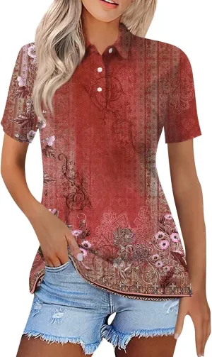 Polo Shirts for Women V Neck Floral Tshrits Basic Tee Business Casual Collared Button Down Tunics Office Work Tops