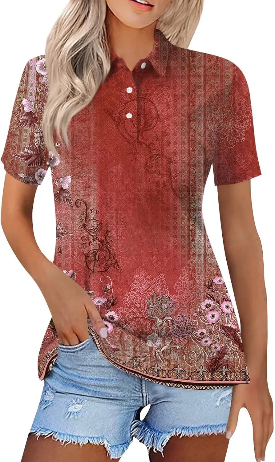 Polo Shirts for Women V Neck Floral Tshrits Basic Tee Business Casual Collared Button Down Tunics Office Work Tops