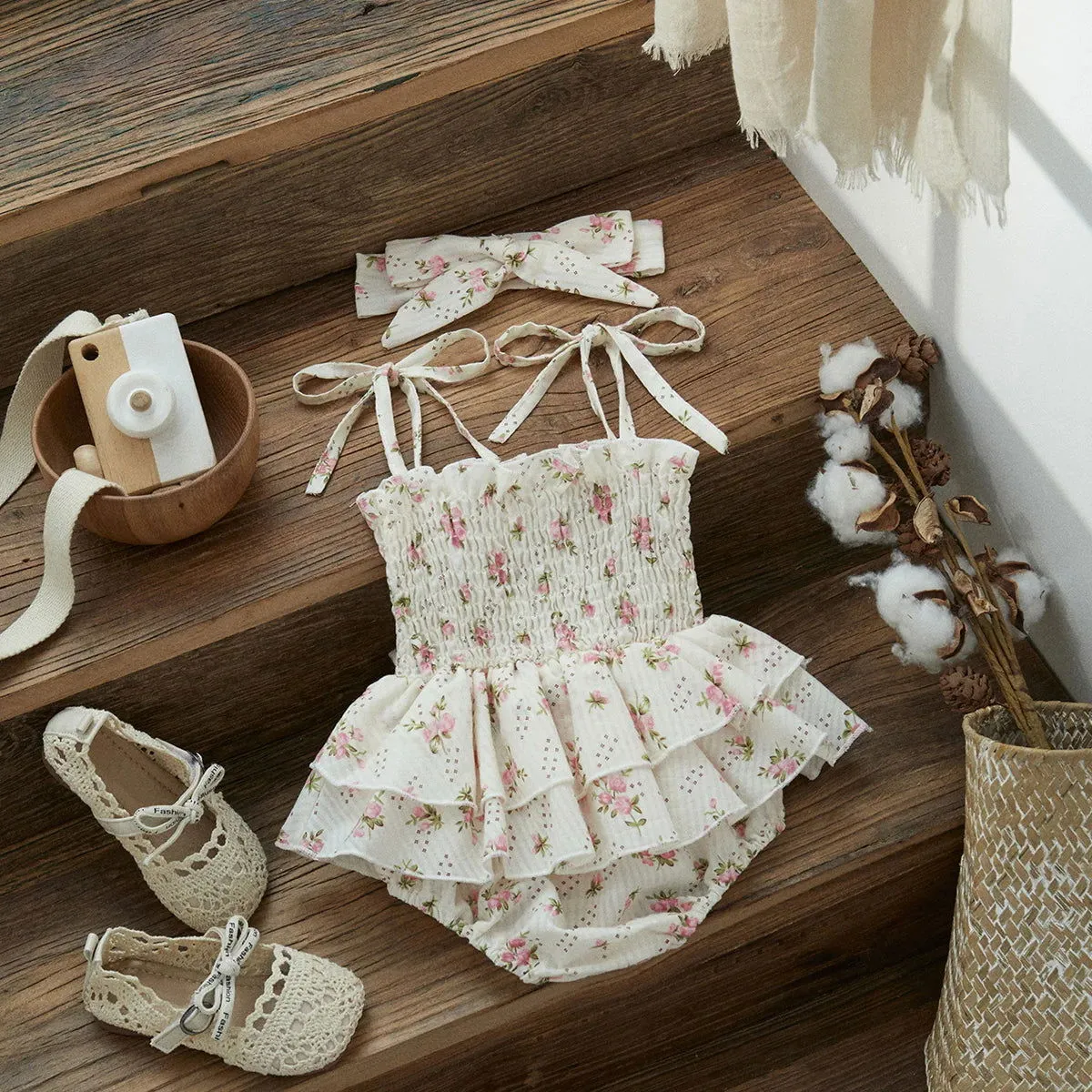 Pretty Floral Print Sleeveless Ruffle Romper with Headband