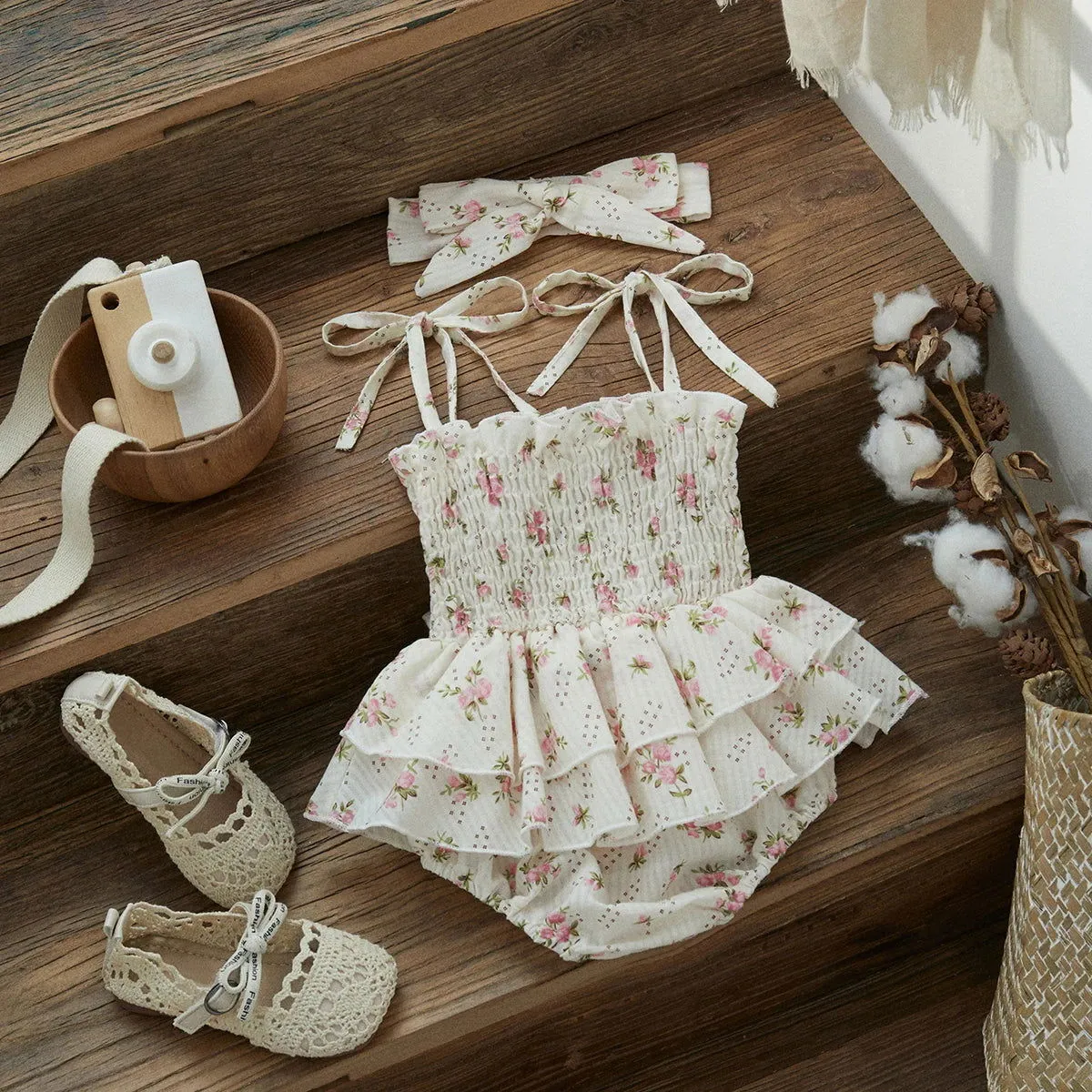 Pretty Floral Print Sleeveless Ruffle Romper with Headband