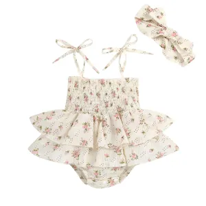 Pretty Floral Print Sleeveless Ruffle Romper with Headband