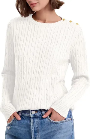 PrettyGuide Women's Cable Knit Sweater Long Sleeve Crewneck Button Shoulder Casual Pullover Sweaters Tops
