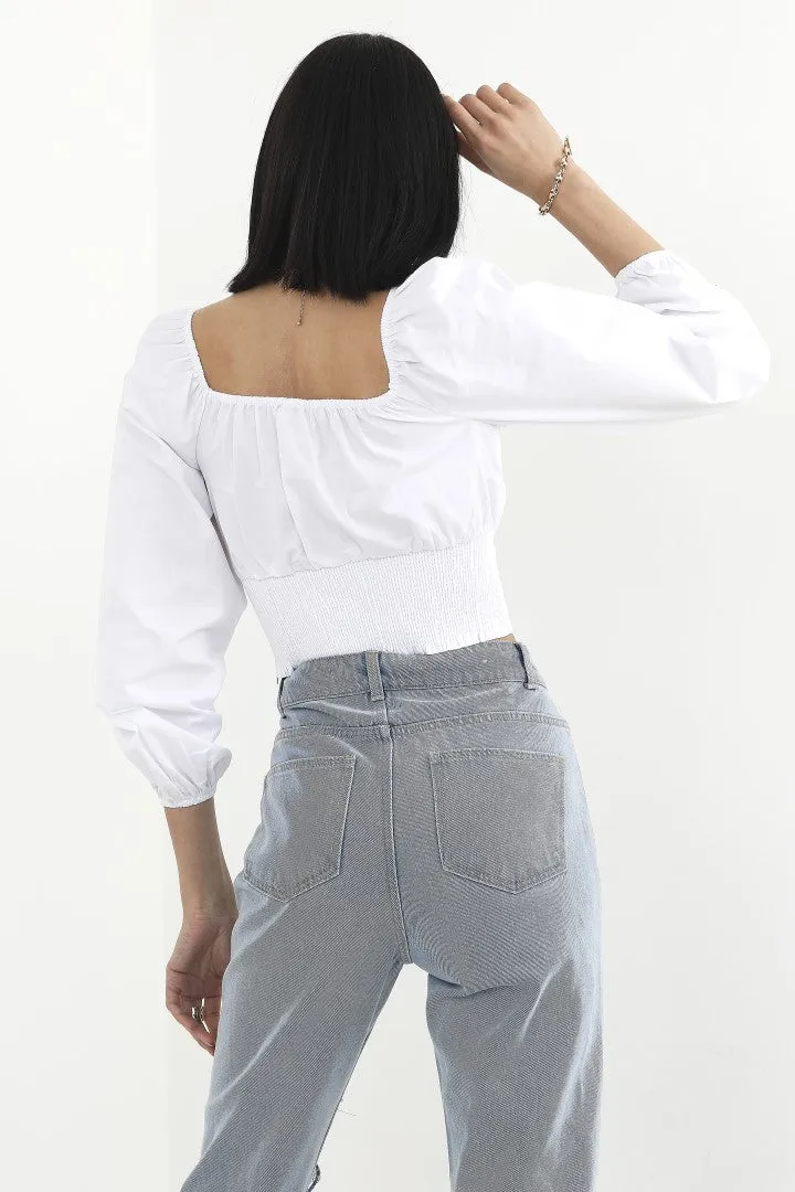 PUFF SLEEVE COTTON POPLIN CROPPED MILKMAID TOP