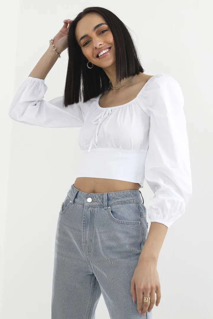 PUFF SLEEVE COTTON POPLIN CROPPED MILKMAID TOP