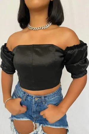 Puff Sleeve Taffeta Bandeau Crop Top - Black