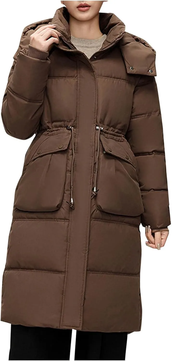 Puffer Coats for Women 2024 Fall Winter Mid-Length Zipper Down Jackets Removable Hooded Down Parkas with Pockets