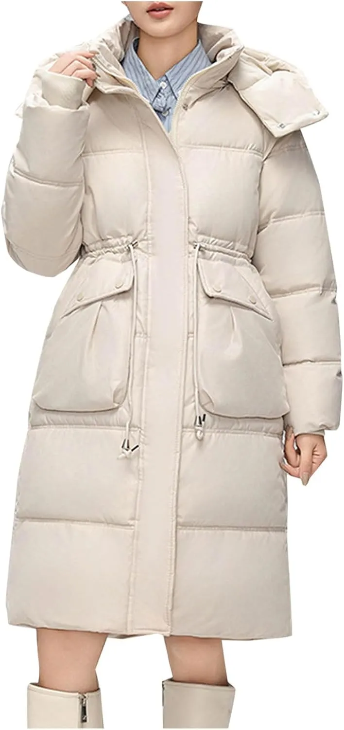 Puffer Coats for Women 2024 Fall Winter Mid-Length Zipper Down Jackets Removable Hooded Down Parkas with Pockets