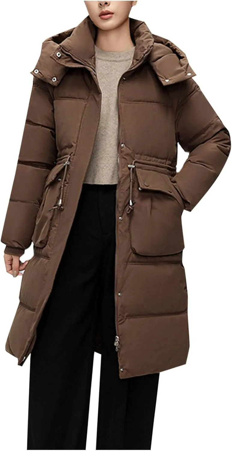 Puffer Coats for Women 2024 Fall Winter Mid-Length Zipper Down Jackets Removable Hooded Down Parkas with Pockets