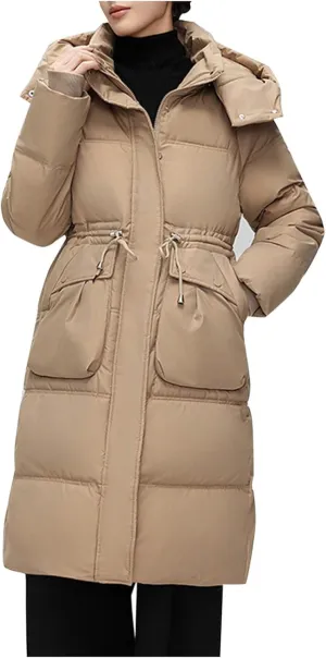 Puffer Coats for Women 2024 Fall Winter Mid-Length Zipper Down Jackets Removable Hooded Down Parkas with Pockets