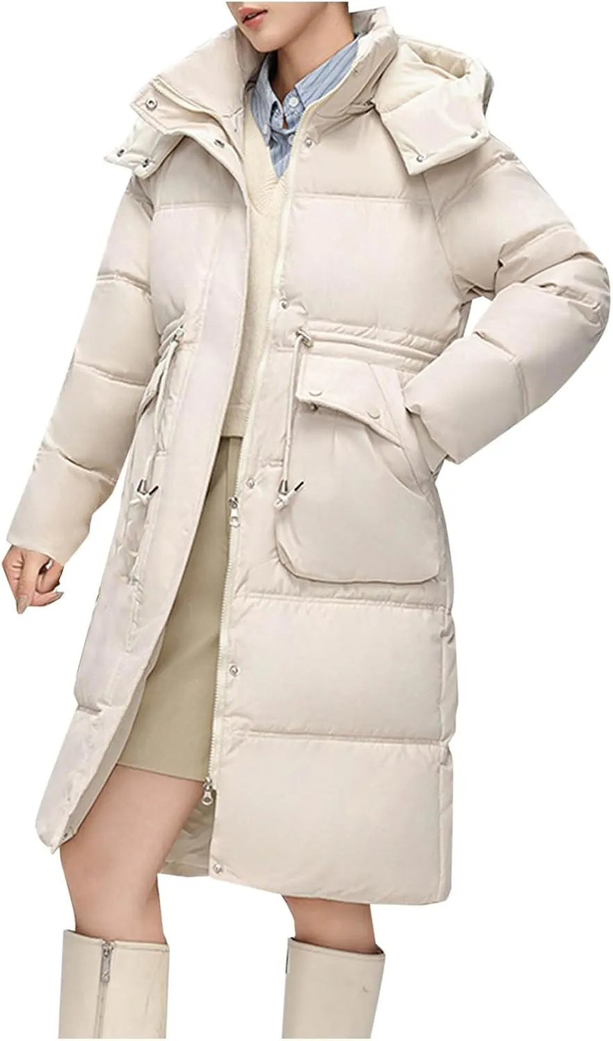 Puffer Coats for Women 2024 Fall Winter Mid-Length Zipper Down Jackets Removable Hooded Down Parkas with Pockets