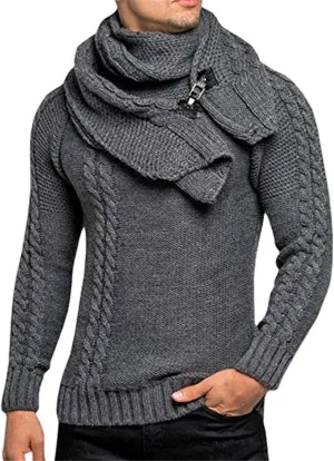Pullover Sweaters for Men Cable Knit Tops Scarf Neck Sweater Thick Fleece Shirt Slim Long Sleeve Sweater Fall Trendy