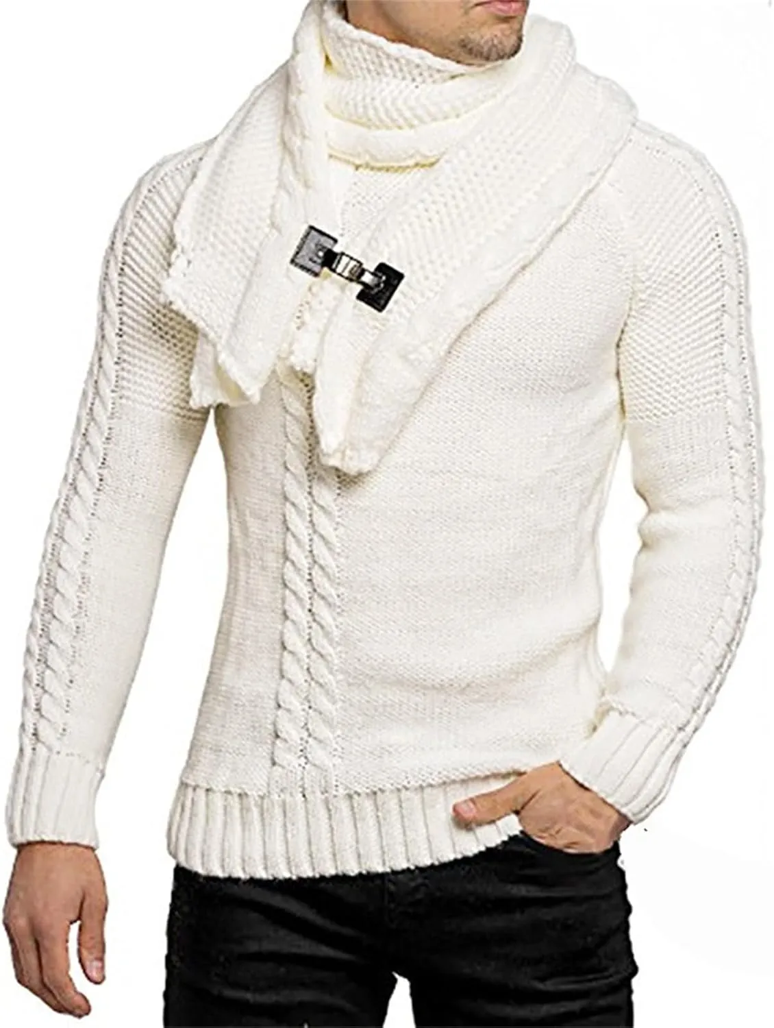 Pullover Sweaters for Men Cable Knit Tops Scarf Neck Sweater Thick Fleece Shirt Slim Long Sleeve Sweater Fall Trendy