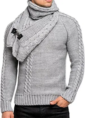 Pullover Sweaters for Men Cable Knit Tops Scarf Neck Sweater Thick Fleece Shirt Slim Long Sleeve Sweater Fall Trendy