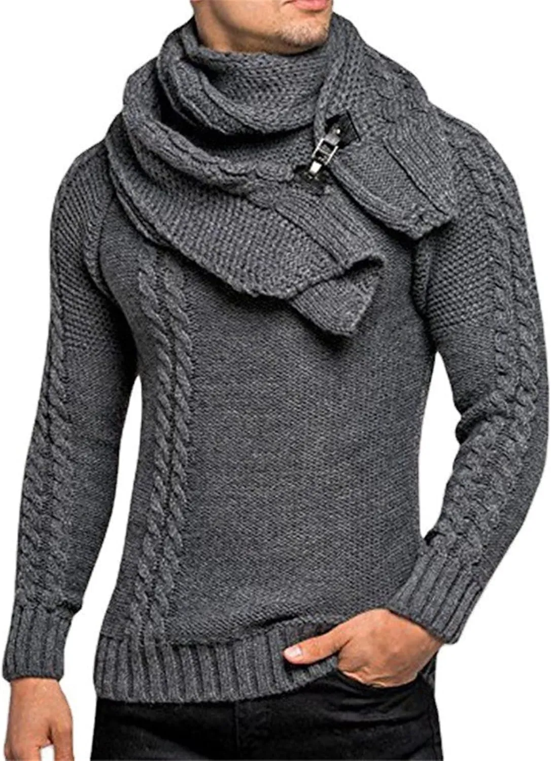 Pullover Sweaters for Men Cable Knit Tops Scarf Neck Sweater Thick Fleece Shirt Slim Long Sleeve Sweater Fall Trendy