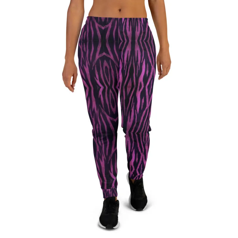 Purple Tiger Striped Women's Joggers, Best Colorful Animal Print Sweatpants For Ladies-Made in EU
