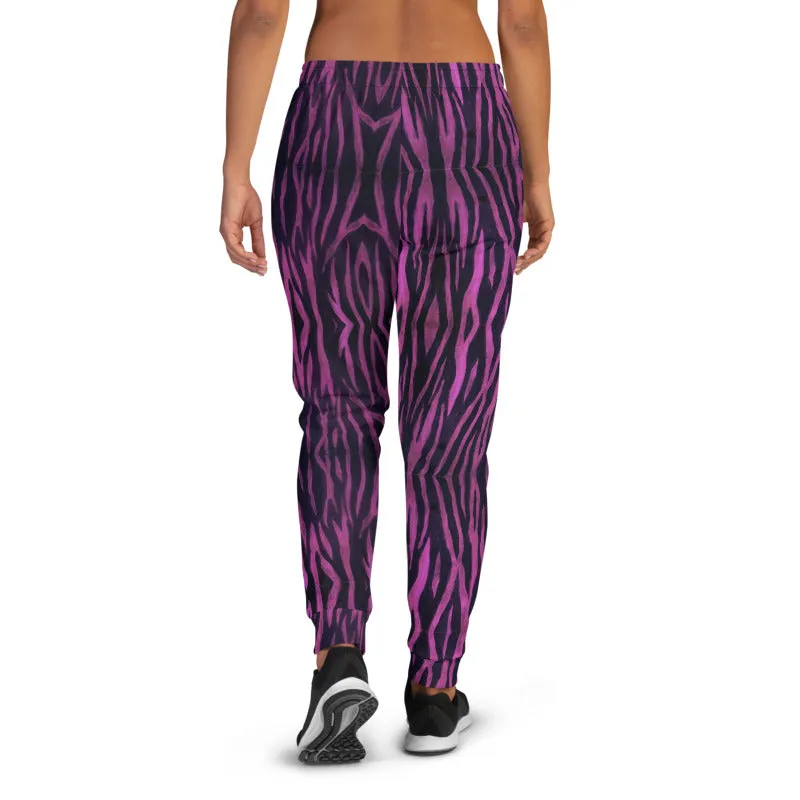 Purple Tiger Striped Women's Joggers, Best Colorful Animal Print Sweatpants For Ladies-Made in EU