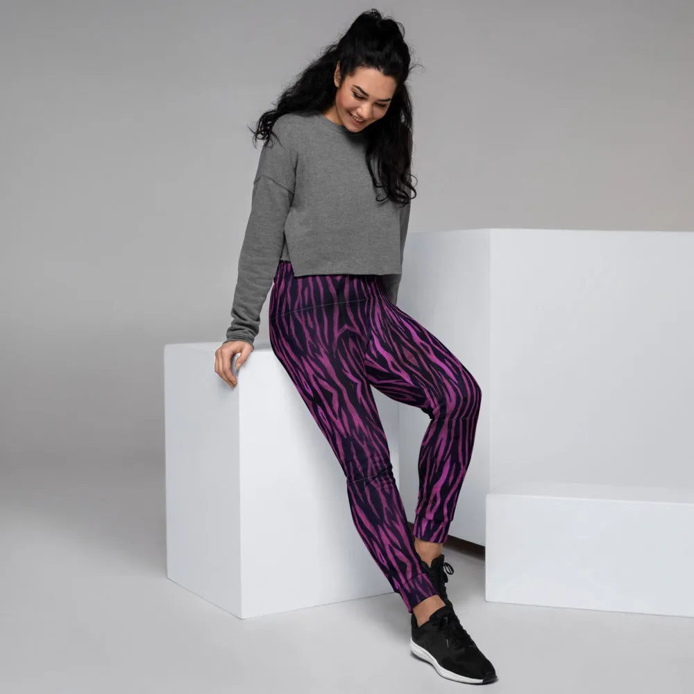 Purple Tiger Striped Women's Joggers, Best Colorful Animal Print Sweatpants For Ladies-Made in EU