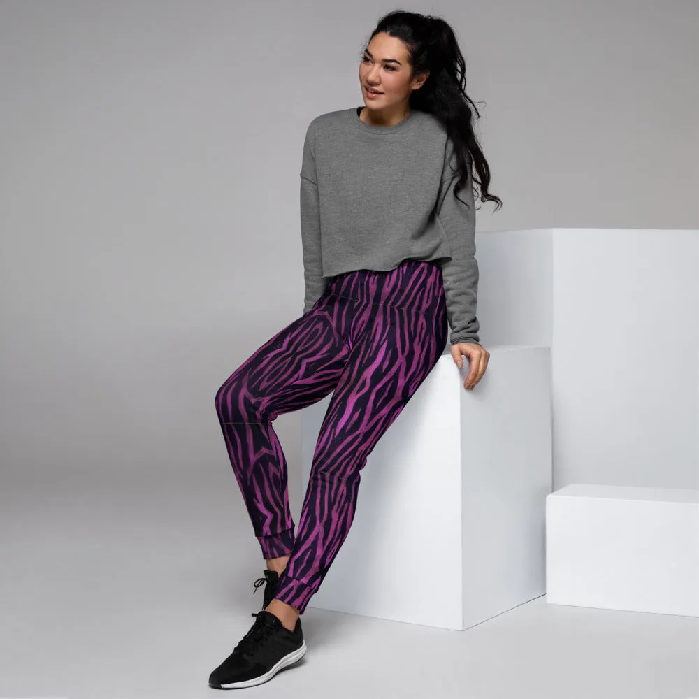 Purple Tiger Striped Women's Joggers, Best Colorful Animal Print Sweatpants For Ladies-Made in EU