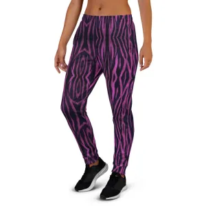 Purple Tiger Striped Women's Joggers, Best Colorful Animal Print Sweatpants For Ladies-Made in EU