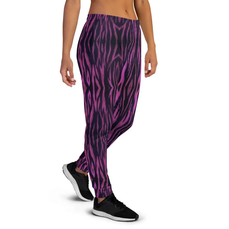 Purple Tiger Striped Women's Joggers, Best Colorful Animal Print Sweatpants For Ladies-Made in EU