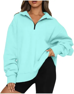 Quarter Zip Sweatshirt Women Oversized Zip Up Hoodie 1/4 Zip Fleece Pullover Long Sleeve Sweater Preppy Sweatshirts