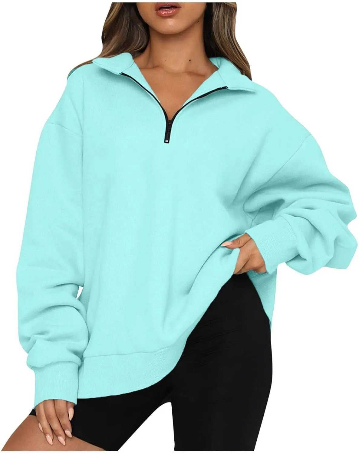 Quarter Zip Sweatshirt Women Oversized Zip Up Hoodie 1/4 Zip Fleece Pullover Long Sleeve Sweater Preppy Sweatshirts