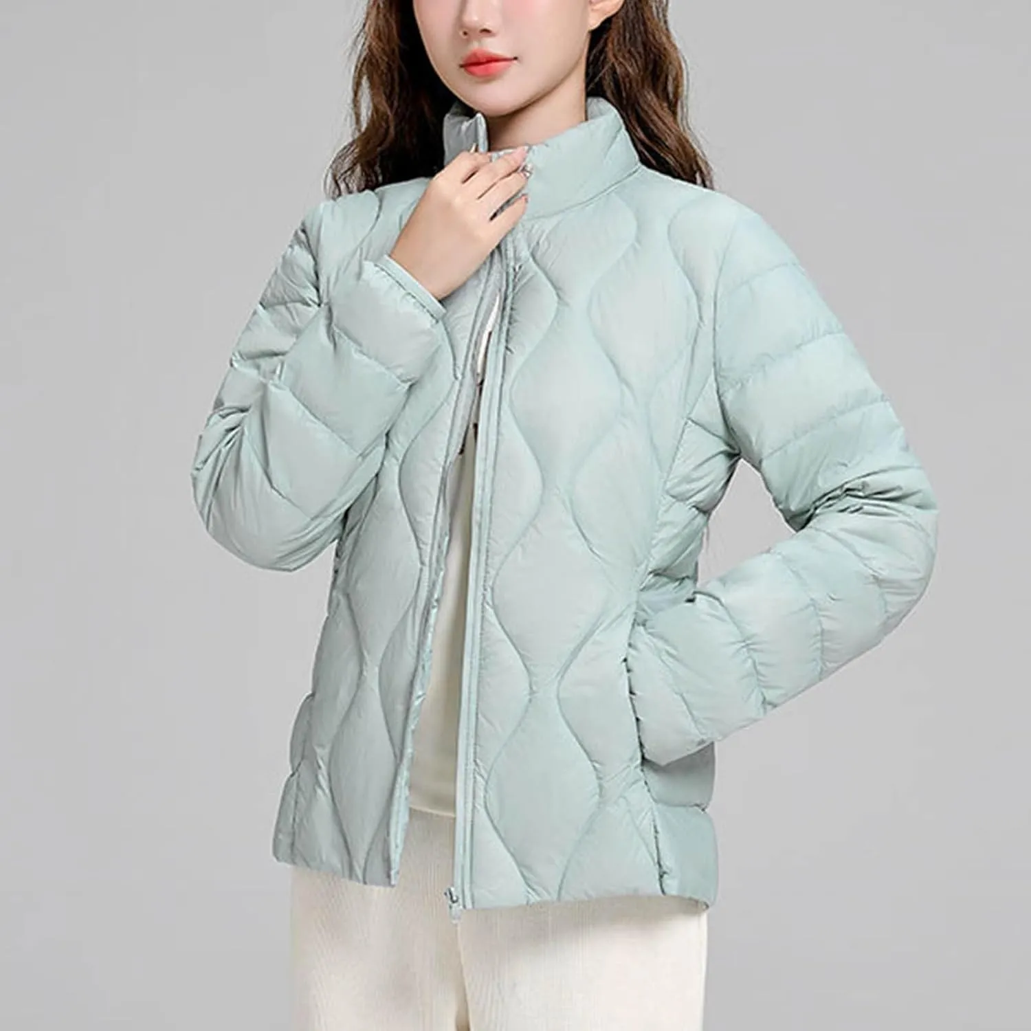 Quilted Lightweight Jackets for Women Plus Size Short Puffer Coats Stand Collar Zipper Down Jacket for Fall Winter