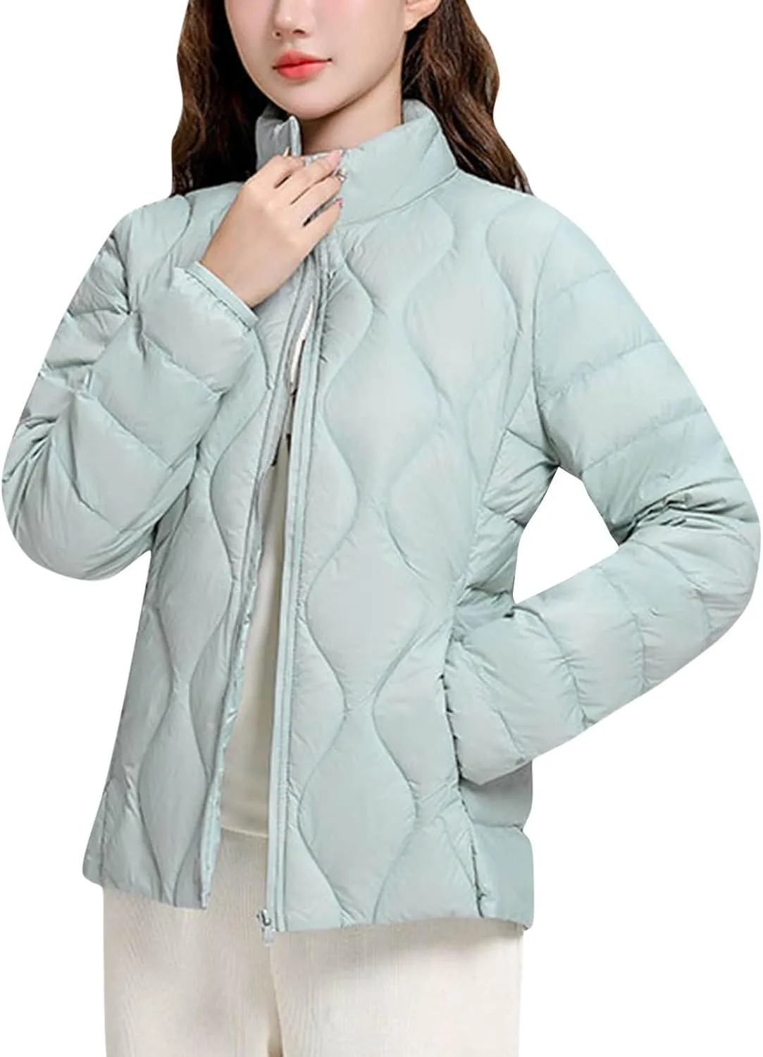 Quilted Lightweight Jackets for Women Plus Size Short Puffer Coats Stand Collar Zipper Down Jacket for Fall Winter
