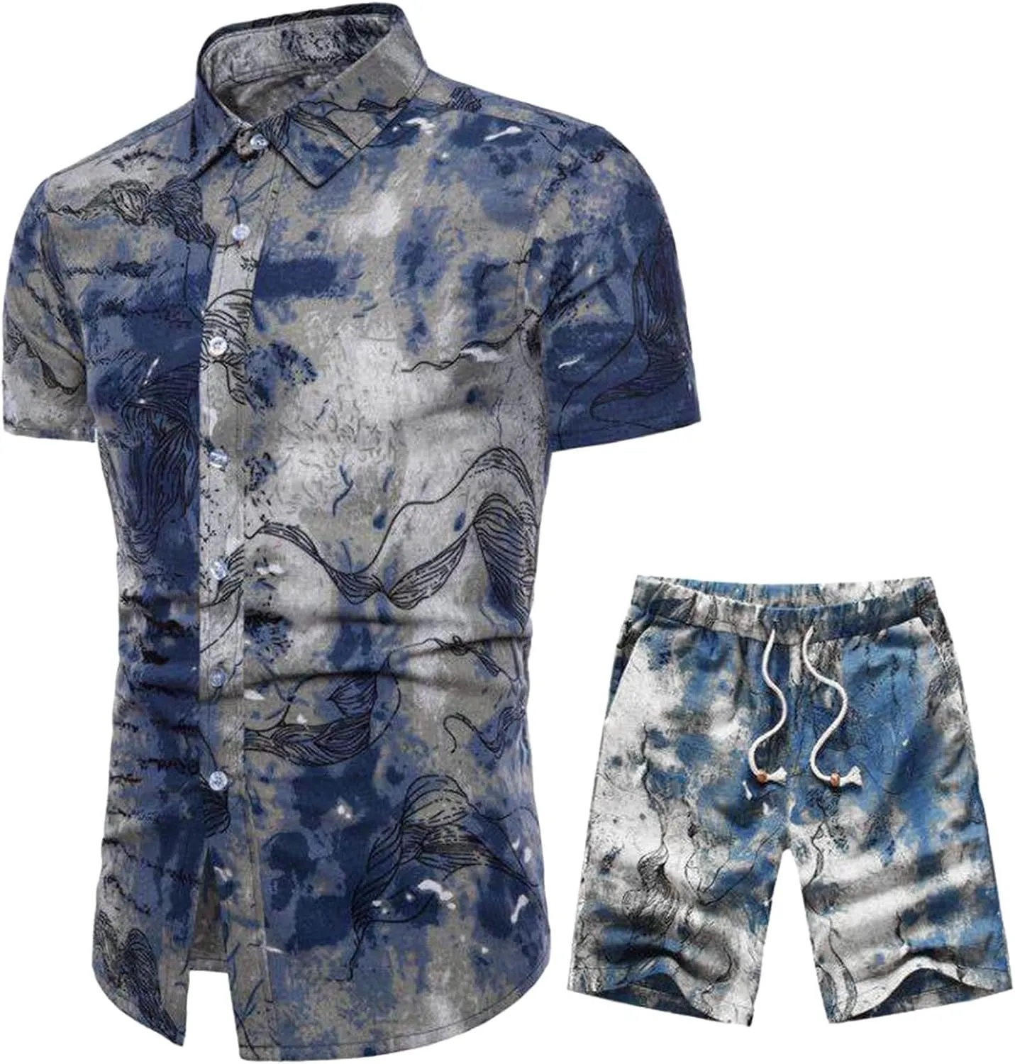 QWENTMTNTY Mens Hawaiian Shirt Set Short Sleeve 2 Piece Summer Outfits Floral Printed Relaxed Fit Button Up Beach Tracksuit Navy