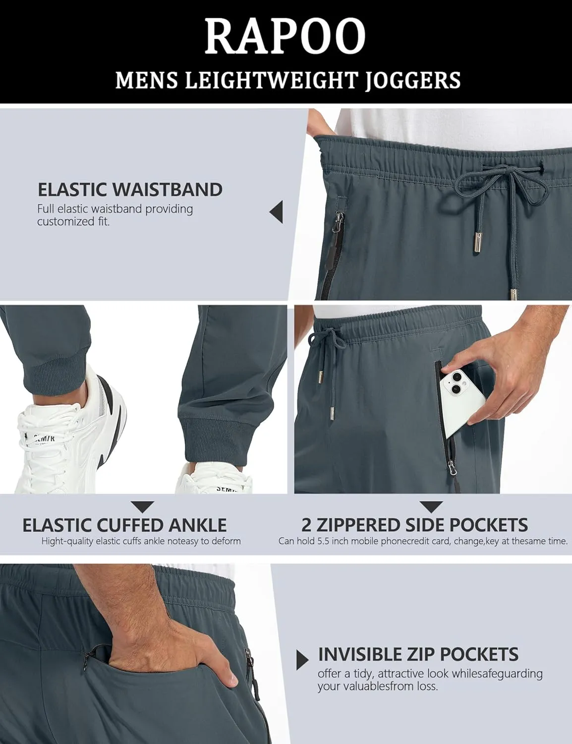 Rapoo Men's Lightweight Joggers Pants Quick Dry Workout Track Running Gym Athletic Pants with 3 Zipper Pockets