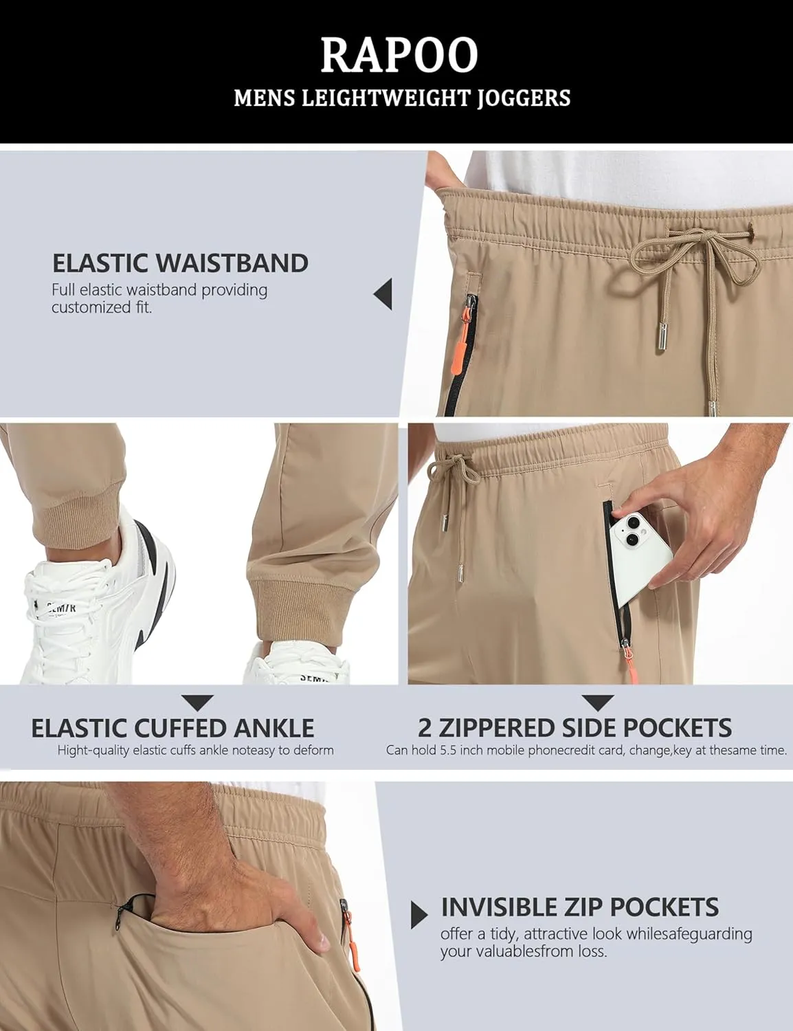 Rapoo Men's Lightweight Joggers Pants Quick Dry Workout Track Running Gym Athletic Pants with 3 Zipper Pockets