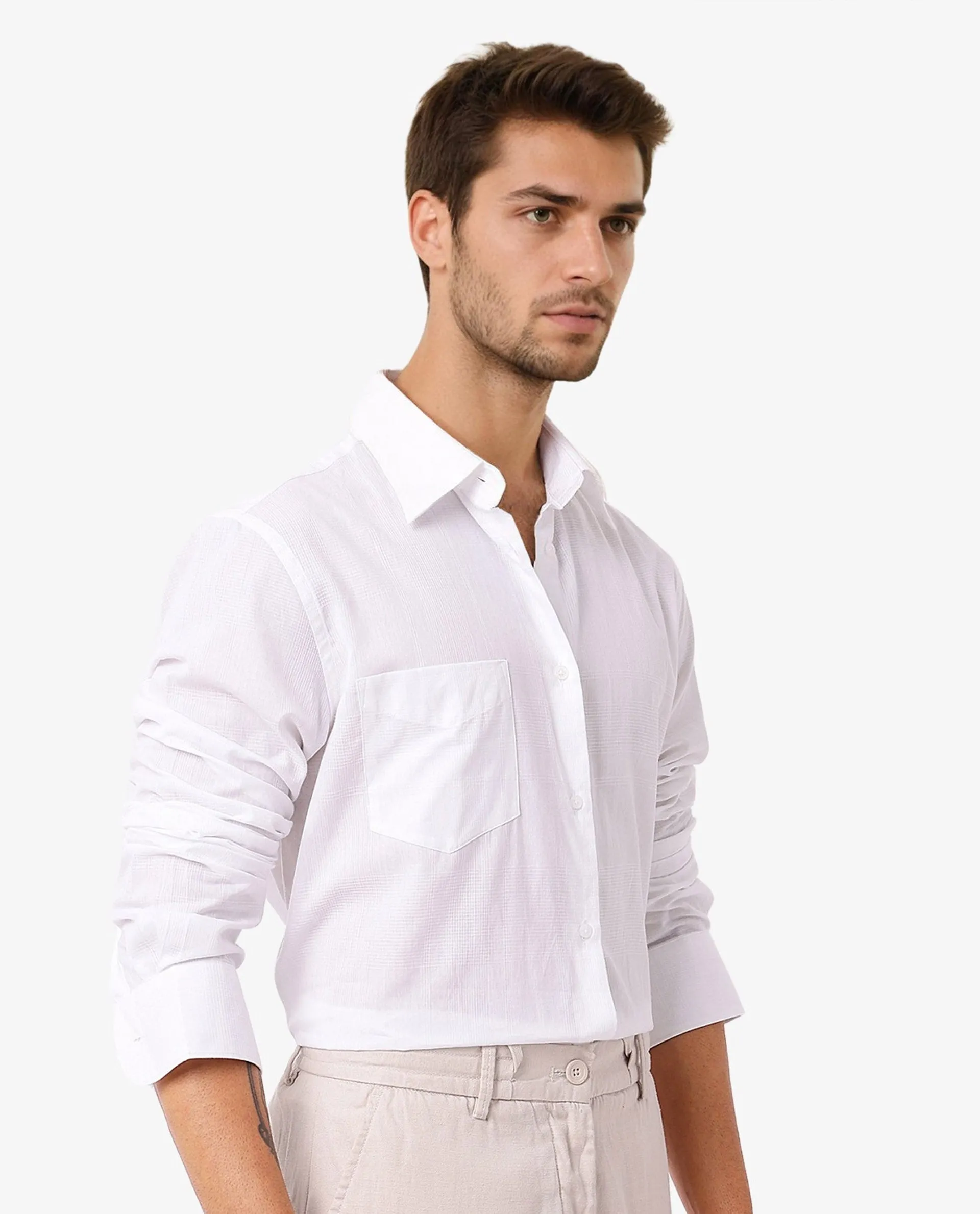 Rare Rabbit Men's Myte White Cotton Fabric Full Sleeve Regular Fit Self Check Dobby Shirt