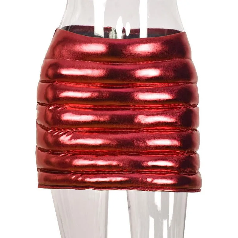 Red Puffer Mini Skirt Metallic Shiny Warm Quilted