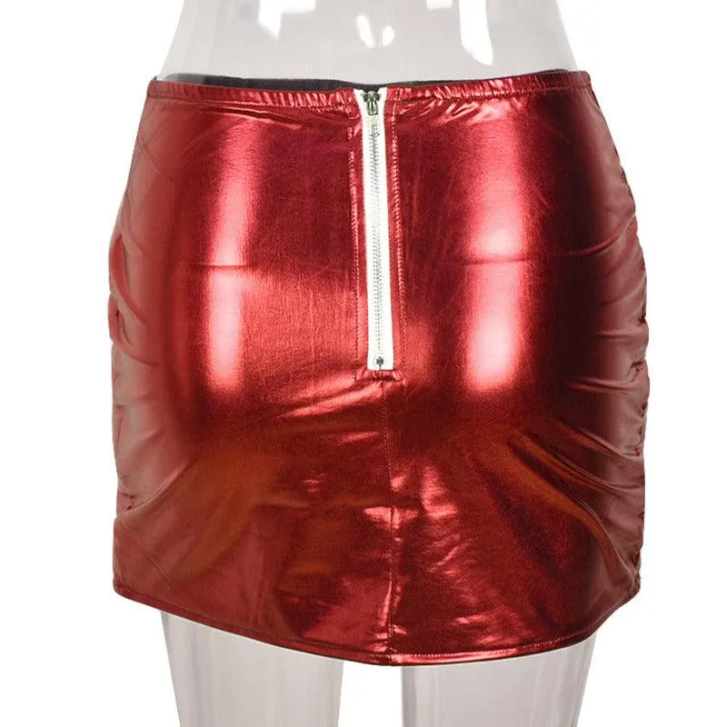 Red Puffer Mini Skirt Metallic Shiny Warm Quilted