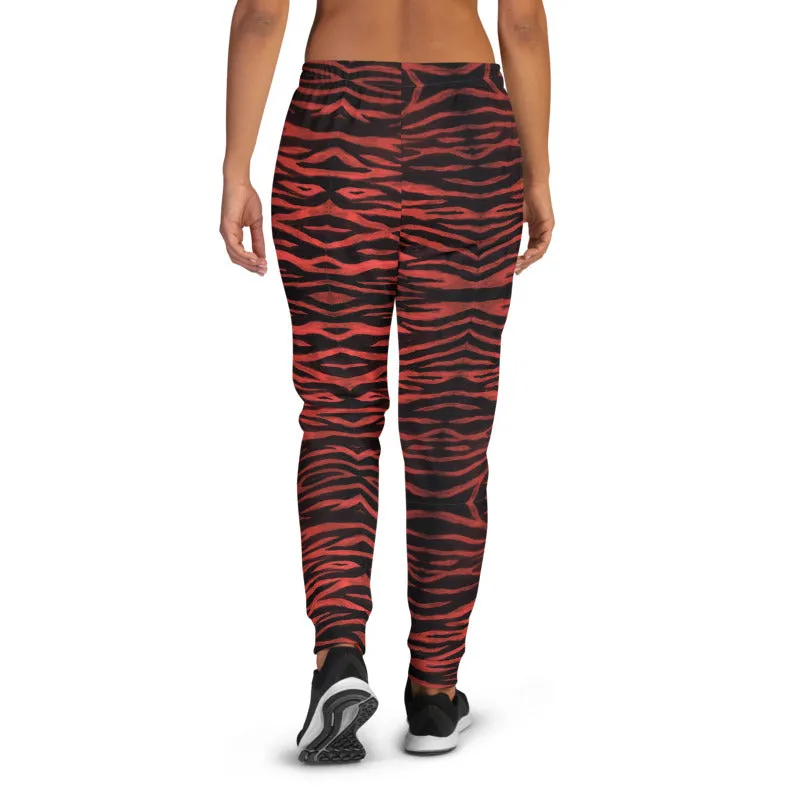 Red Tiger Striped Women's Joggers, Best Animal Print Designer Sweatpants For Ladies-Made in EU
