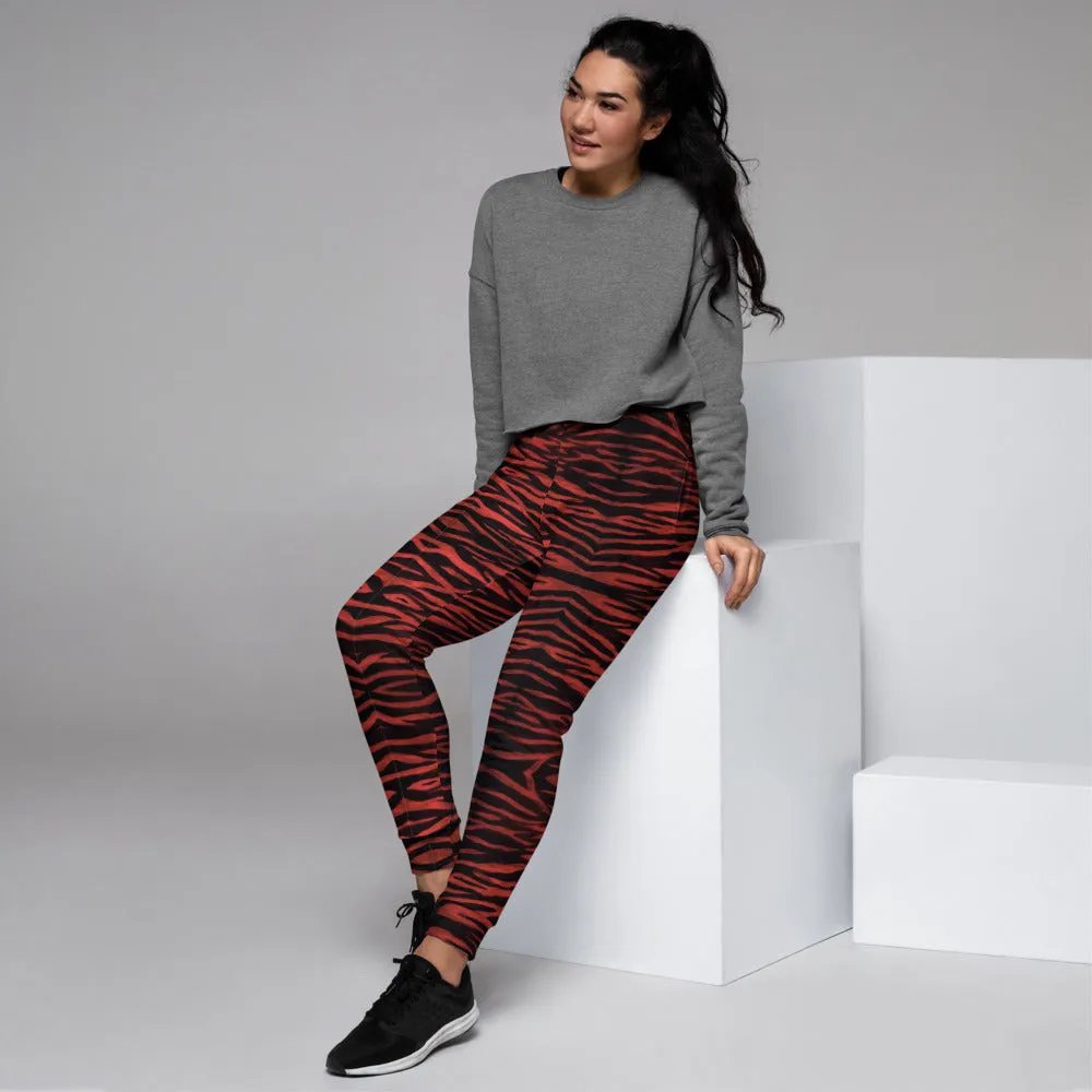 Red Tiger Striped Women's Joggers, Best Animal Print Designer Sweatpants For Ladies-Made in EU