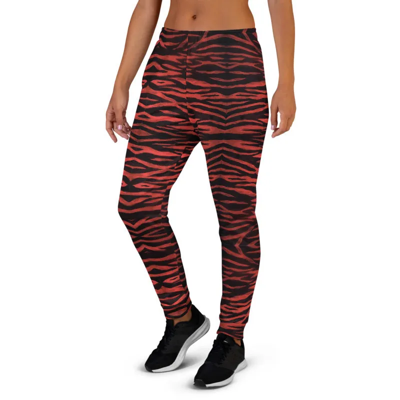 Red Tiger Striped Women's Joggers, Best Animal Print Designer Sweatpants For Ladies-Made in EU