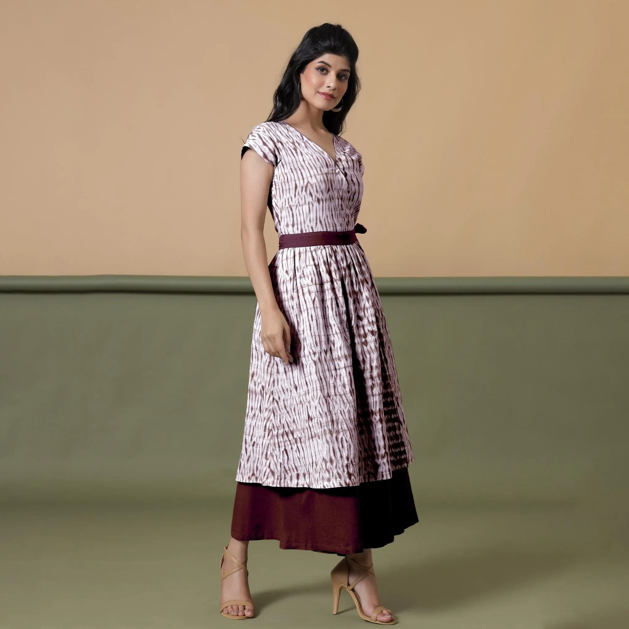 Reversible Maroon Tie-Dye Cotton V-Neck Maxi Wrap Dress