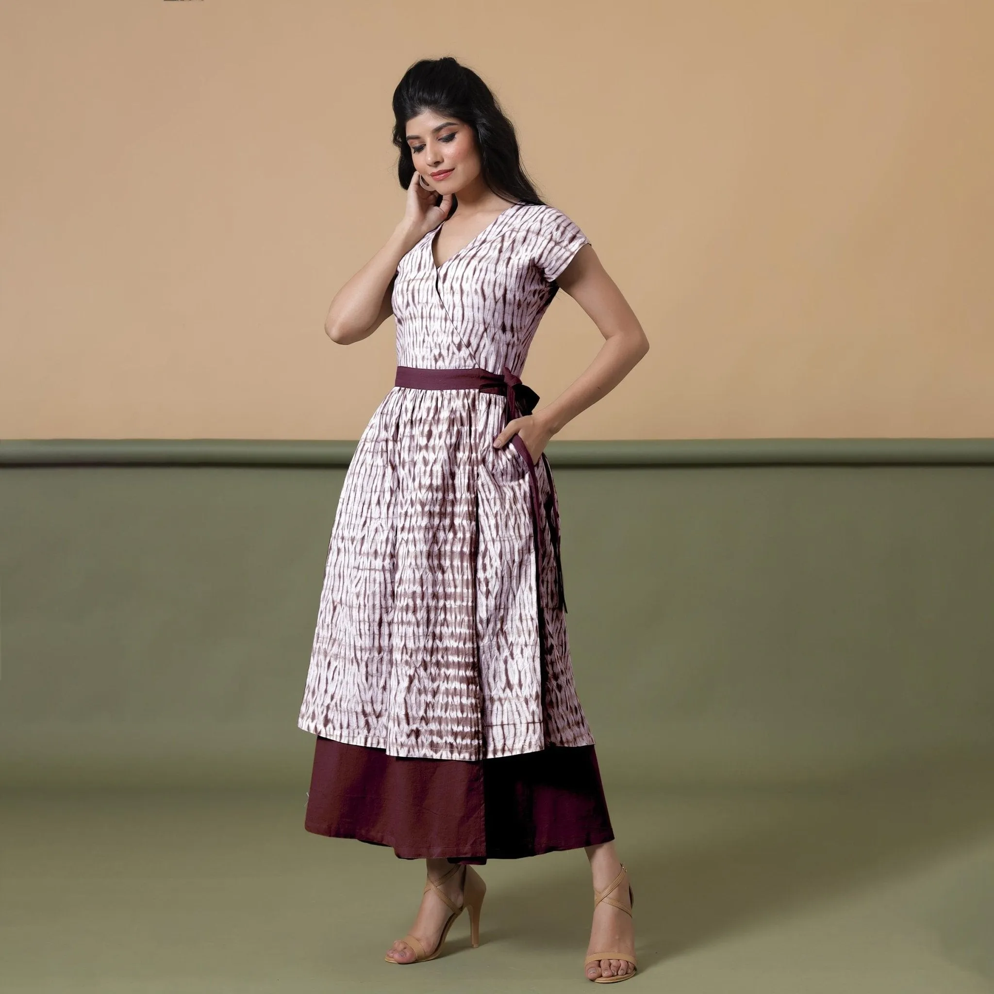 Reversible Maroon Tie-Dye Cotton V-Neck Maxi Wrap Dress